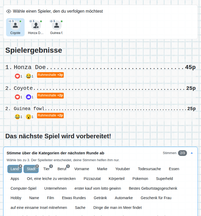 Das Ende des Spiels aus Sicht des Zuschauers: Ergebnisse und Abstimmung über die Kategorien des nächsten Spiels