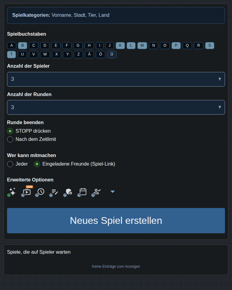 Formular zum Erstellen eines Spiels
