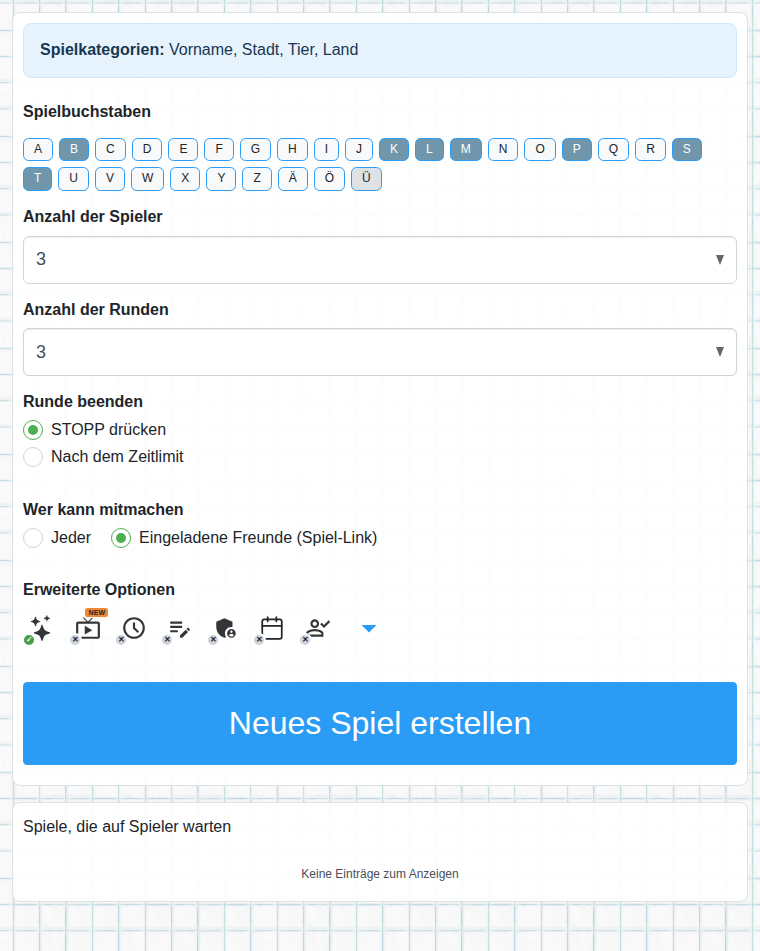 Formular zum Erstellen eines Spiels