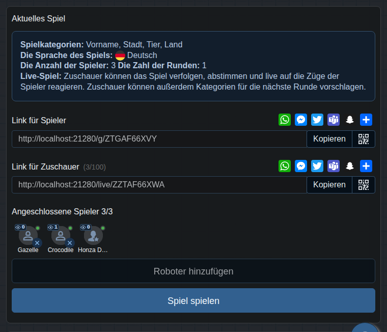 Lobby mit dem Link für Zuschauer