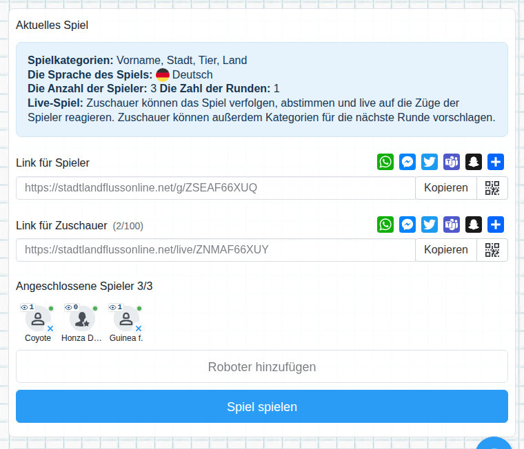 Lobby mit dem Link für Zuschauer